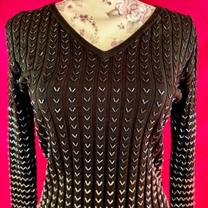 Black Beaded Ribbed Knit Long‎ Sleeve Sweater Glam Party Belldini Small